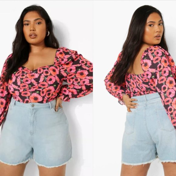 BOOHOO - PLUS FLORAL PUFF SLEEVE CROPPED TOP - size US 18 - Picture 2 of 2